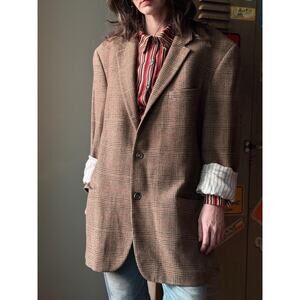 Vintage 90s Wool Glen Plaid Blazer | Boxy Longline Suit Jacket | Size L–XL